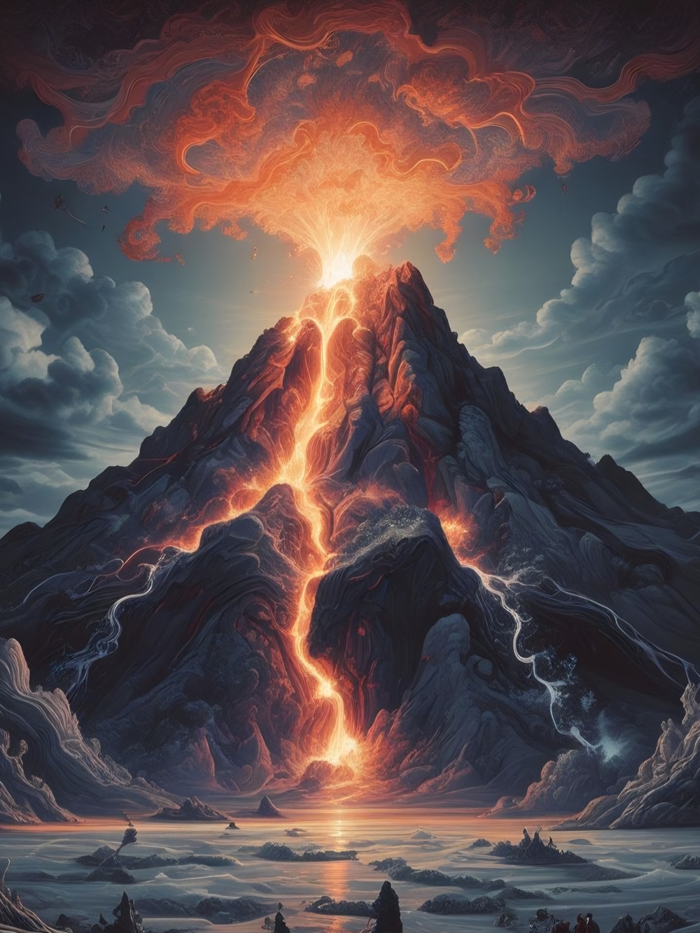 Volcanic Mountain Art Print in Blue & Orange